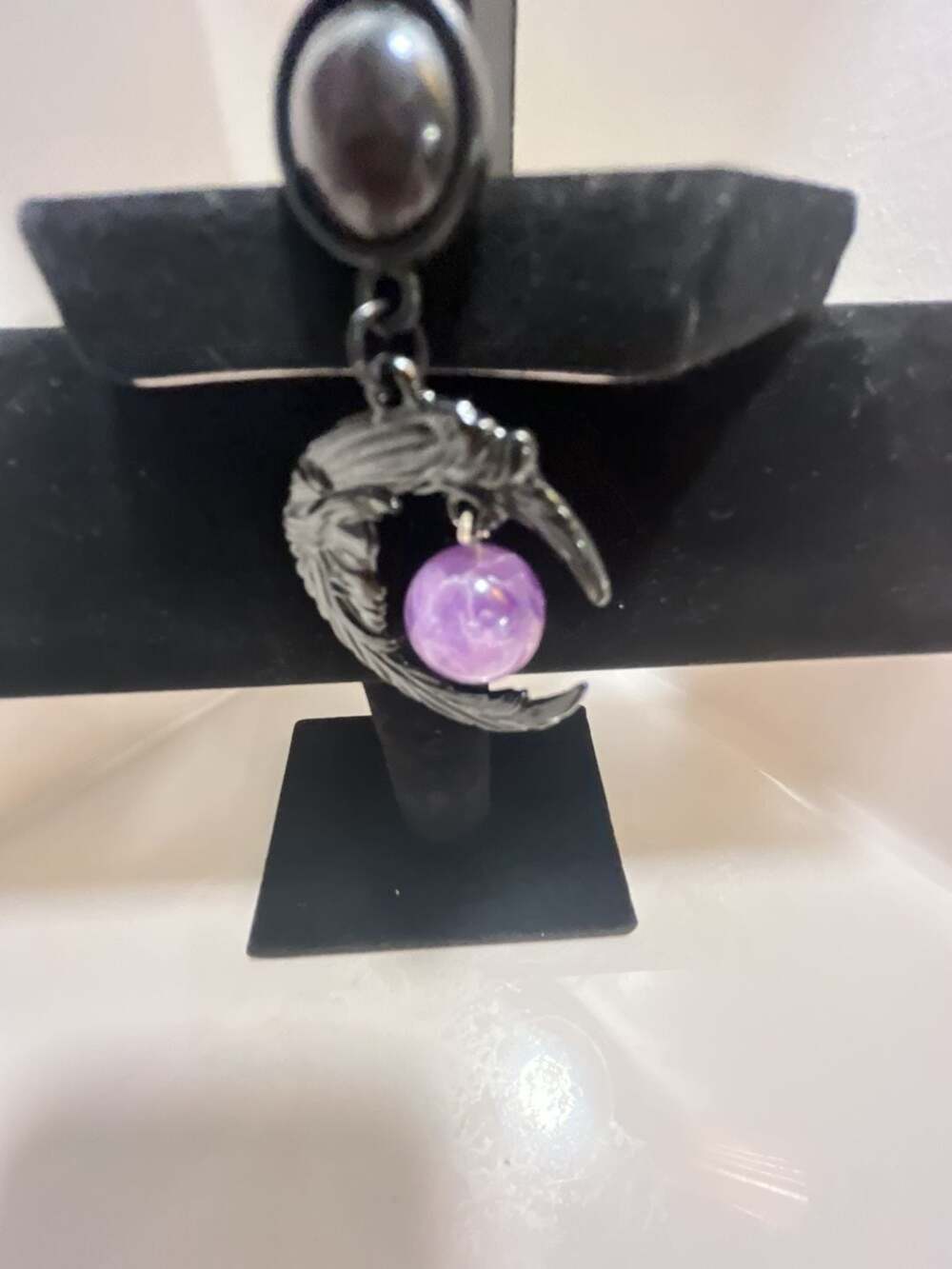 Gothic Black Crescent Moon Pendant Necklace with Purple Bead